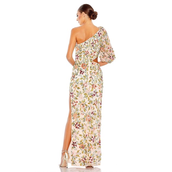 Mac Duggal One Shoulder Floral Embellished Gown Nude Multi Size 10 NWT - Picture 4 of 12